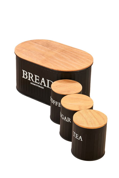 Hermia Juego de 4 Cajas de Almacenamiento de Metal con Tapas de Madera, Negro Hermia Juego de 4 Cajas de Almacenamiento de Metal con Tapas de Madera, Negro
